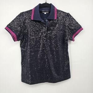 Marolli New York Black Sequin Polo Shirt with Pink Trim Size‎ S